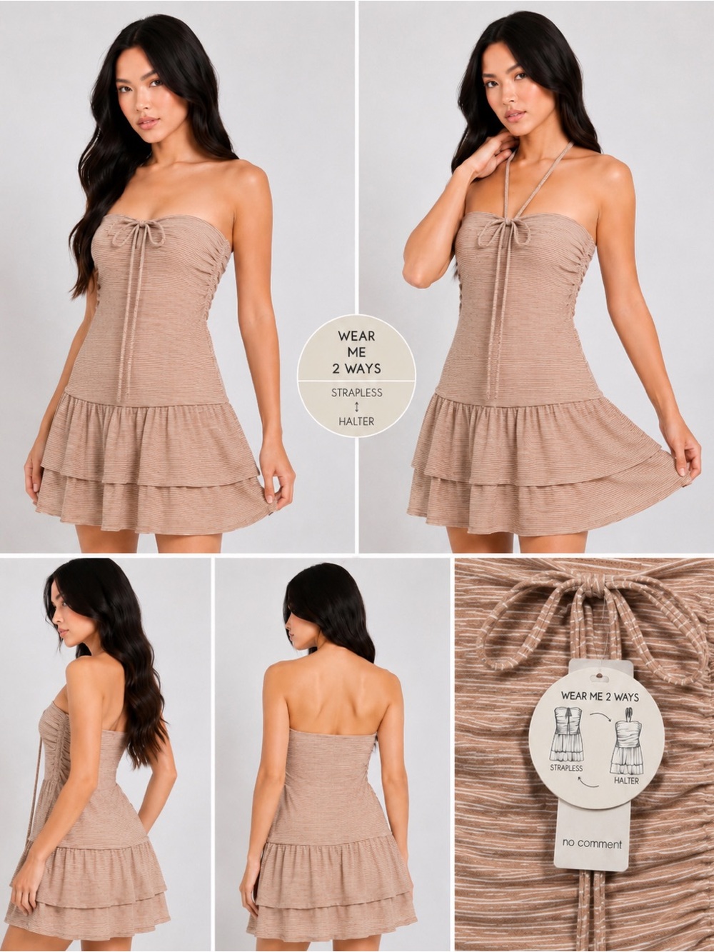 NWT No Comment Convertible Strapless Halter Ruched Mini Dress XL Pockets